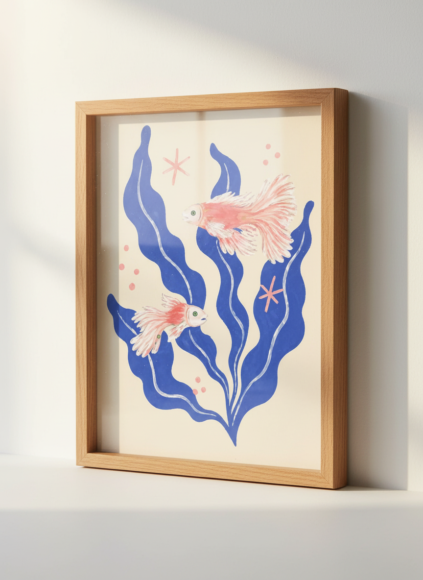 Pink Betta Fish & Seaweed Art Print | Coastal Bathroom Decor | Ocean Aesthetic Poster