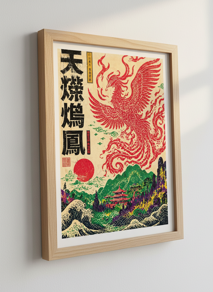 Phoenix Ukiyo-e Wall Art Print | Japanese Style Decor | Asian Aesthetic Poster