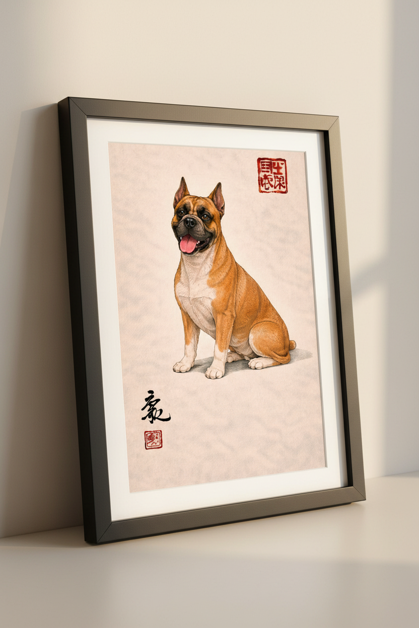 Boxer Dog Poster Print | Chinese Art Style Wall Hanging | Pet Portrait Dog Lover Gift | Unique Home Decor Wall Art