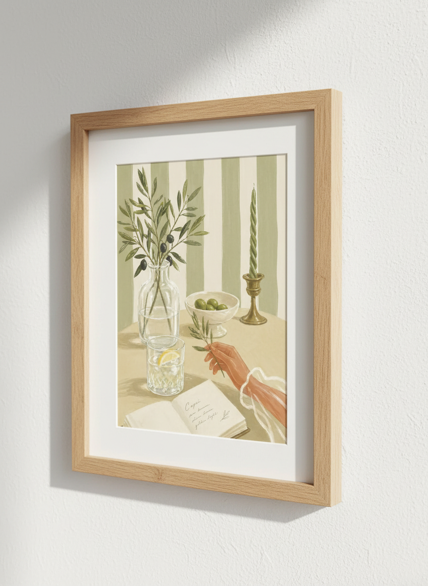 Mediterranean Still Life Wall Art Print | Boho Kitchen Decor | Sage Green Aesthetic Poster | Olive Branch Art | Framed, Unframed & Digital