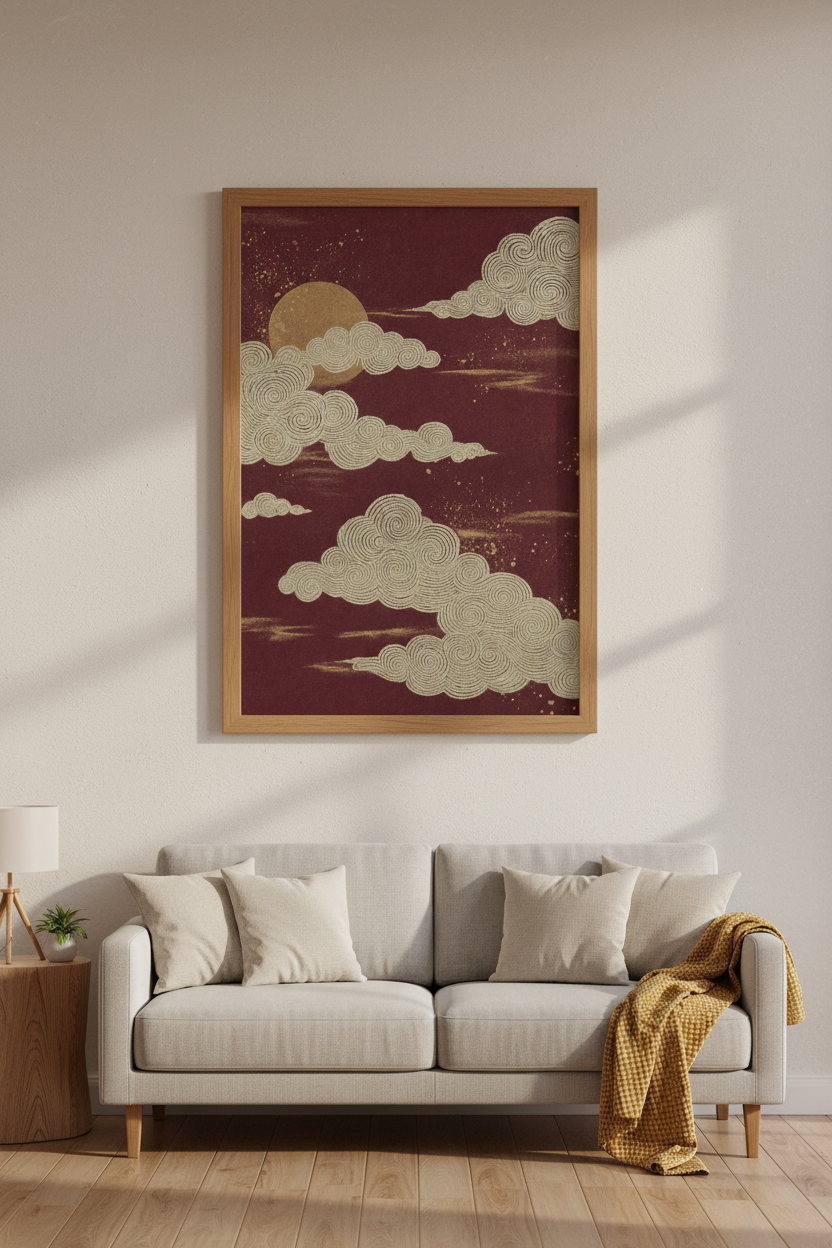 Japanese Clouds Wall Art Print | Red & Gold Zen Poster | Living Room Decor