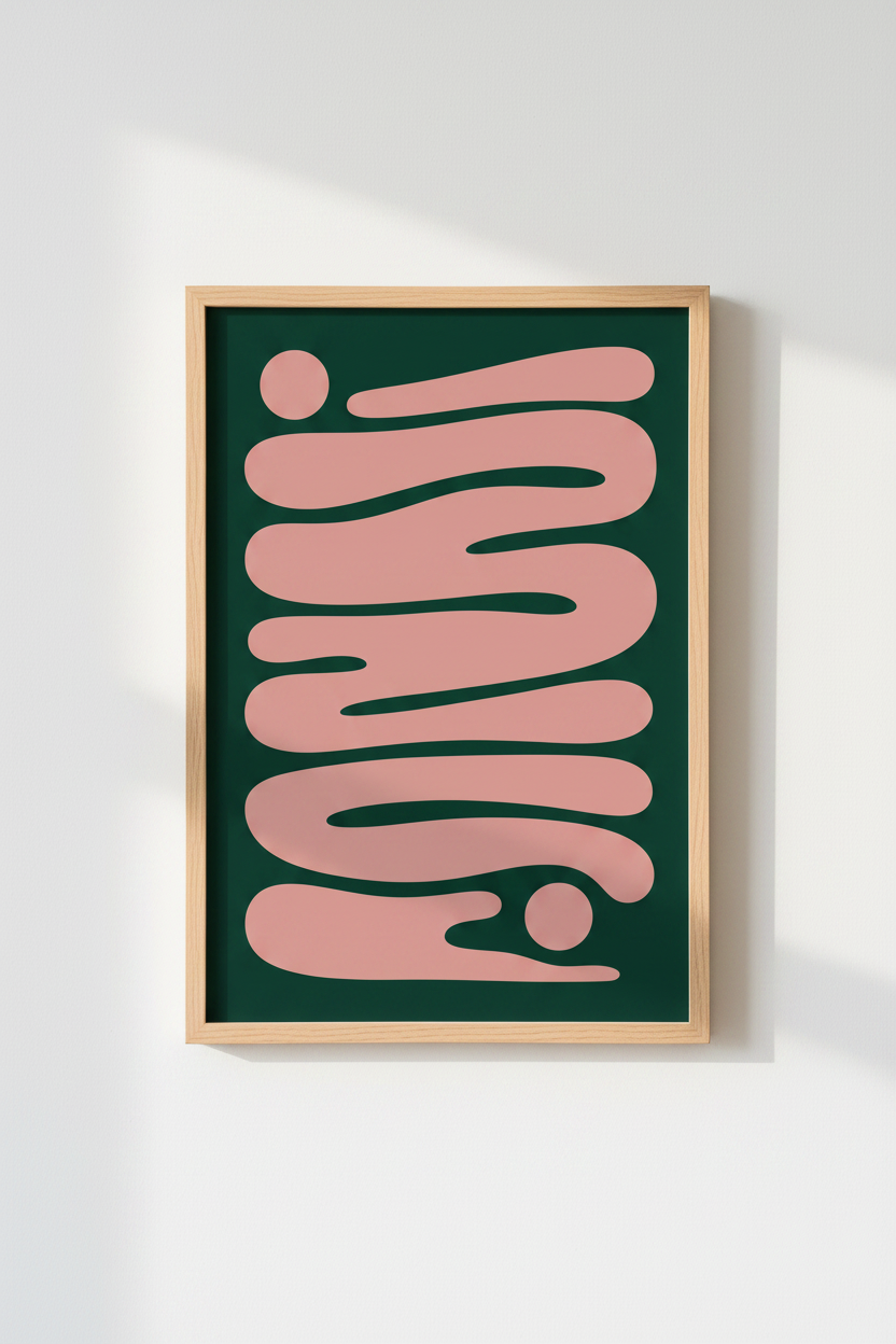 Modern Abstract Wavy Wall Art | Green & Pink Minimalist Poster, Bedroom Decor