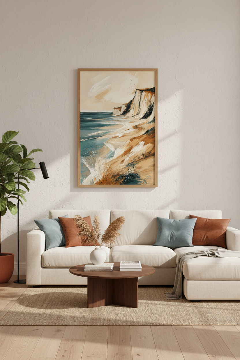 Abstract Coastal Cliffs Wall Art | Teal & Beige Seascape, Modern Living Room Decor