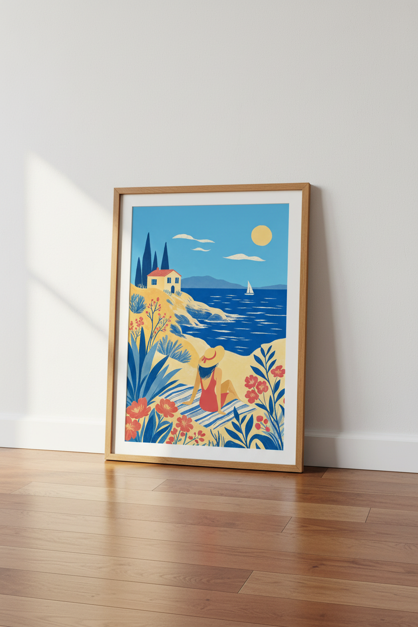 Mediterranean Coastal Beach Wall Art | Blue & Yellow Summer Decor, Nautical Poster Print
