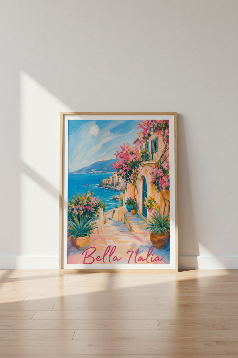 Italy Wall Art Print | Mediterranean Coastal Decor, Floral Italian Village Poster