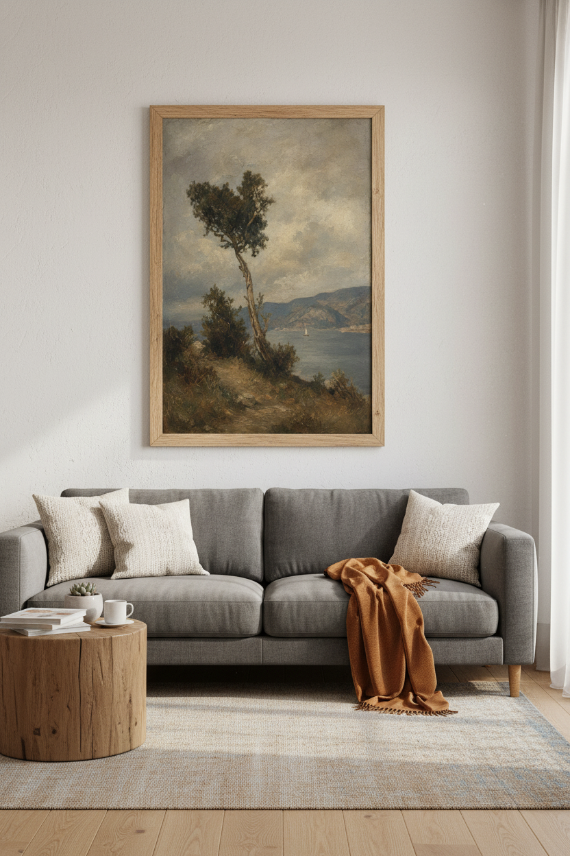 Moody Coastal Landscape | Vintage Oil Painting, Nature Tree Seascape Wall Art