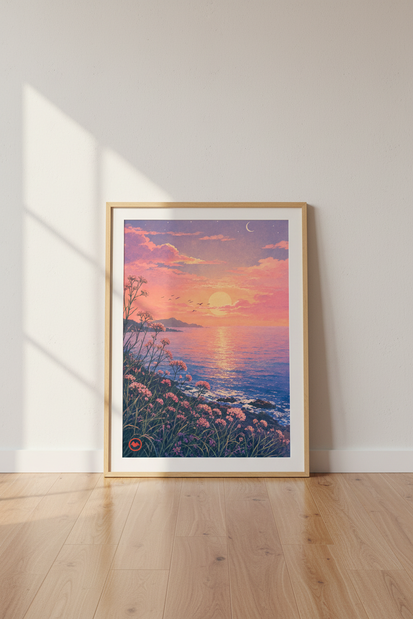 Sunset Ocean Landscape Wall Art | Pastel Coastal Decor | Dreamy Lofi Poster