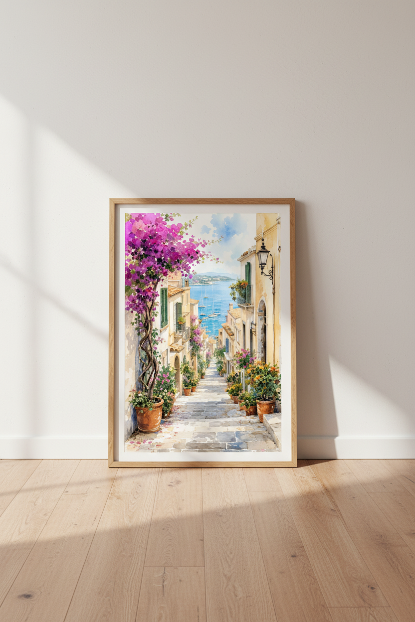 Mediterranean Coastal Village Watercolor | Italy Seascape Print, Amalfi Decor