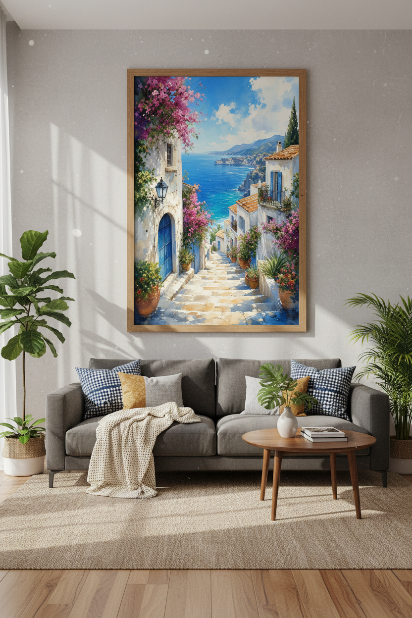 Mediterranean Coastal Wall Art | Amalfi Coast Watercolor Print | Italian Summer Poster
