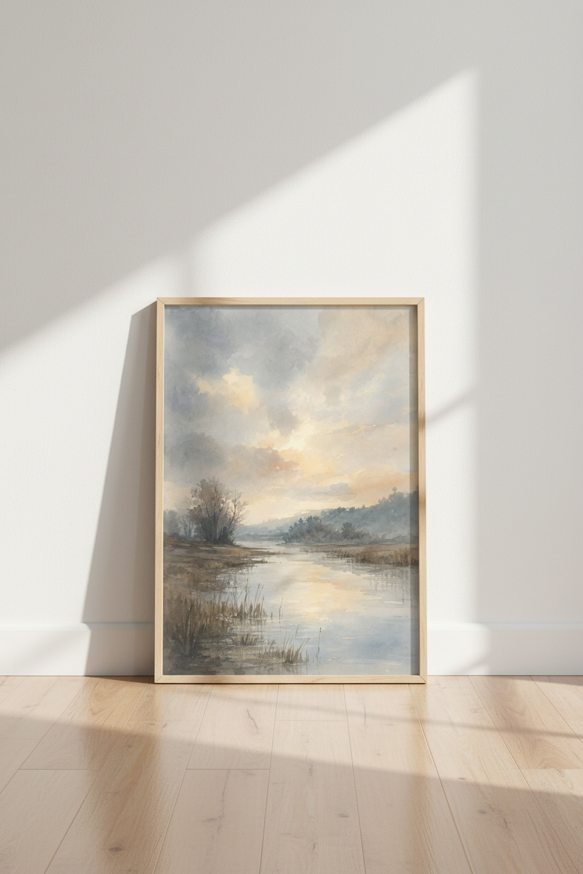 Watercolor River Landscape Wall Art | Muted Blue Nature Decor | Serene Sunrise Poster
