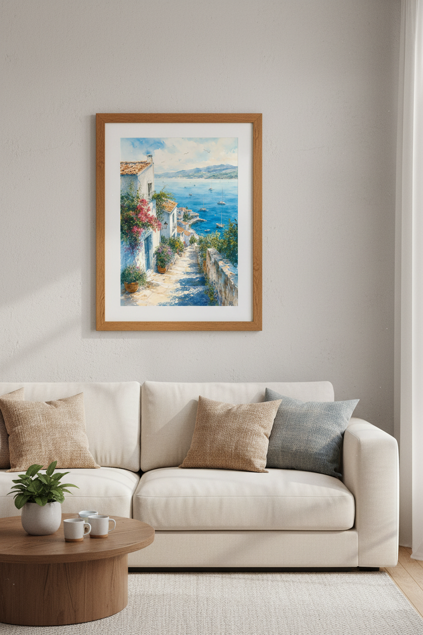 Mediterranean Coastal Village Watercolor Print | Blue Ocean Decor | Travel Poster