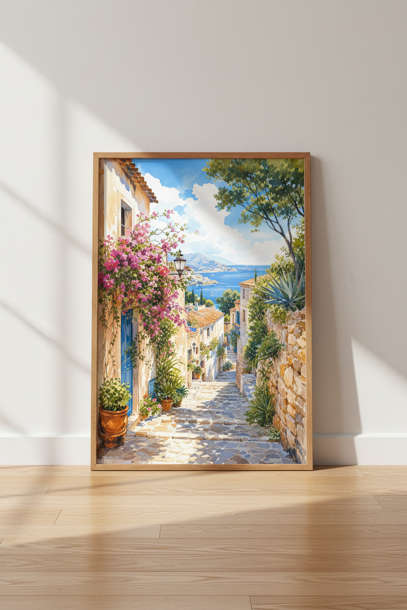 Mediterranean Village Watercolor | Coastal Street Scene, Summer Travel Decor