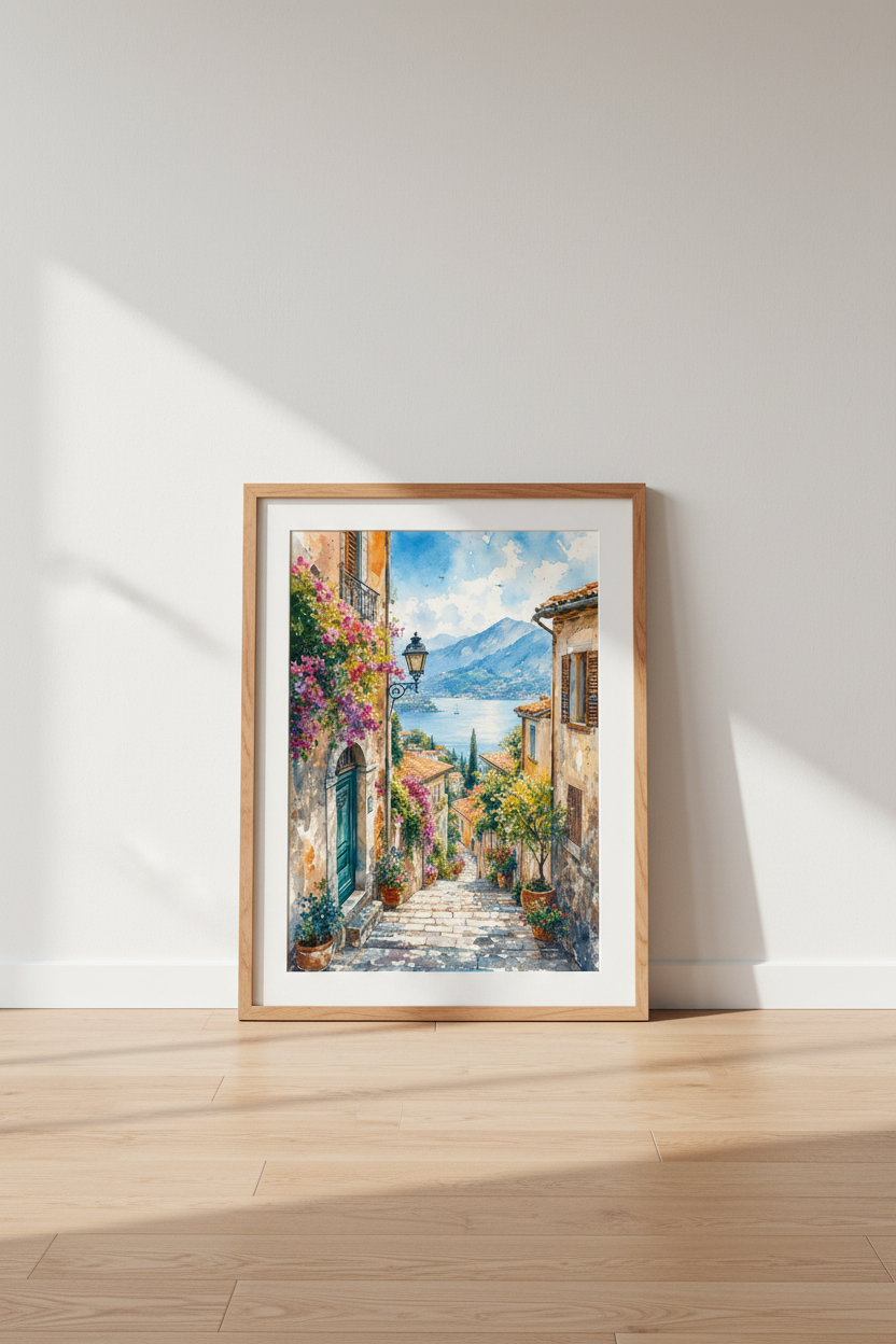 Italian Coastal Watercolor Print | Lake Como Landscape Wall Art | Mediterranean Poster