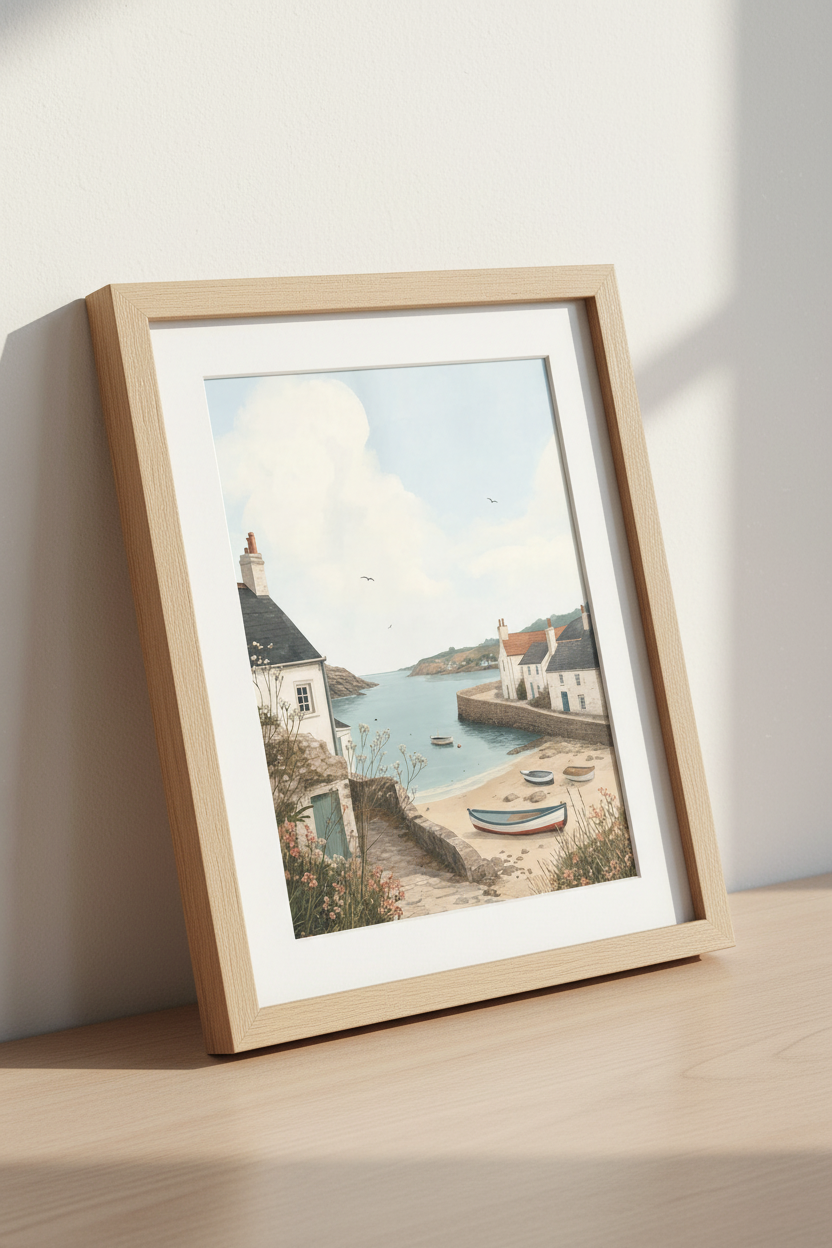 Coastal Harbor Village Art Print | Muted Blue Seaside Decor | Nautical Landscape Poster