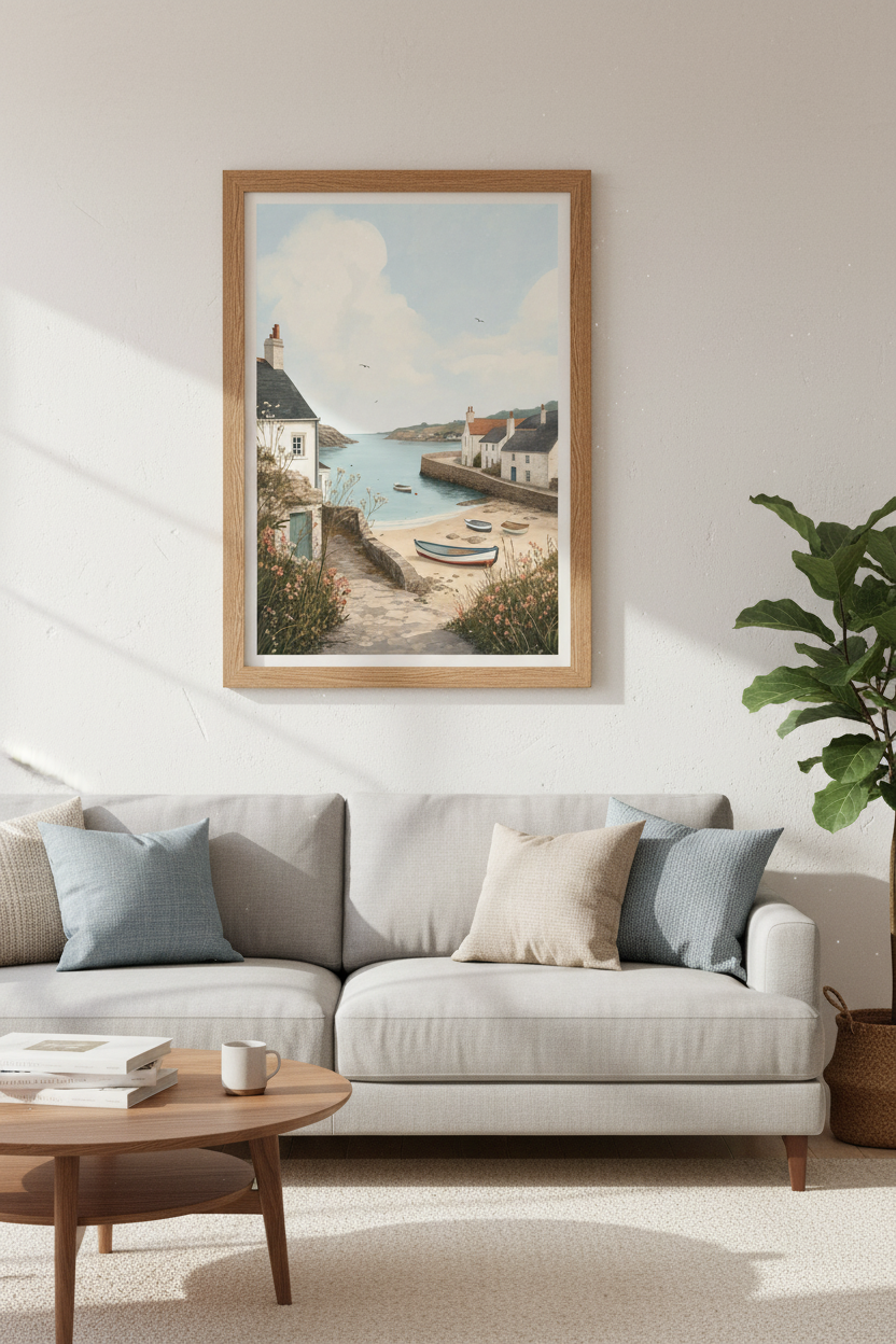 Coastal Harbor Village Art Print | Muted Blue Seaside Decor | Nautical Landscape Poster