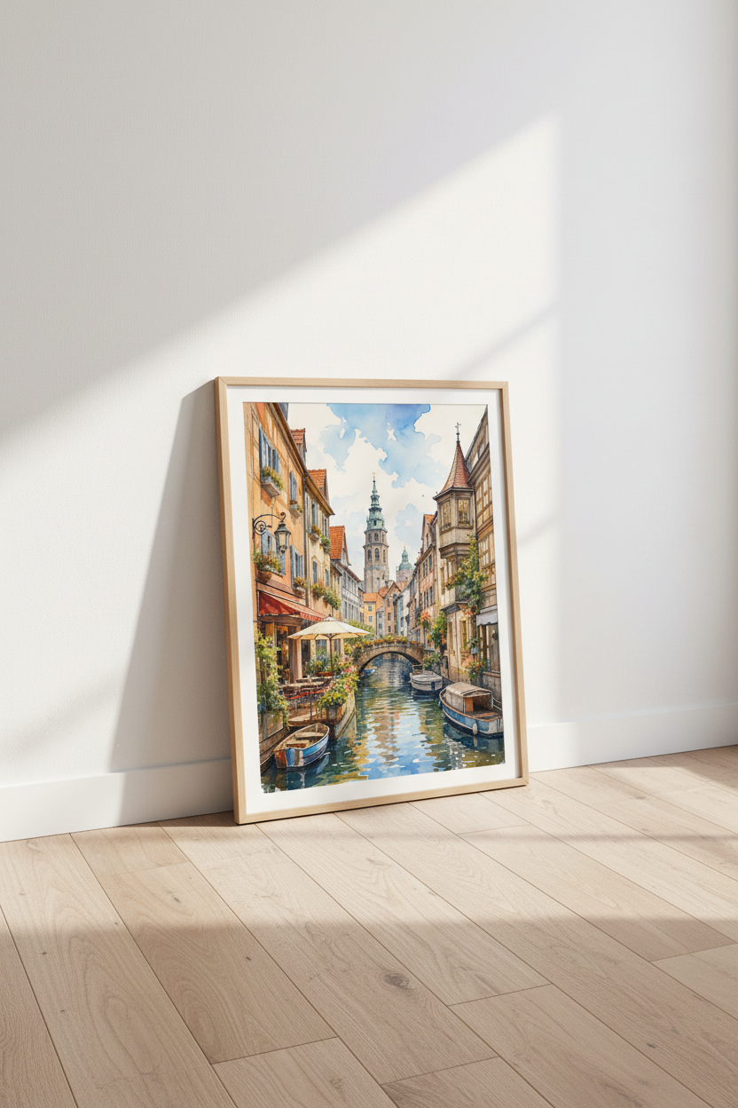 European Canal Street Art | Watercolor Cityscape, Living Room Decor Poster