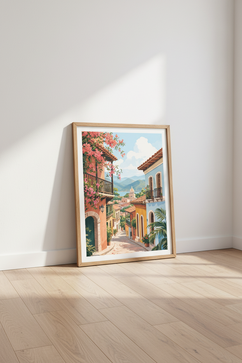 Mediterranean Village Wall Art | Coastal Street Poster | Pastel European Decor