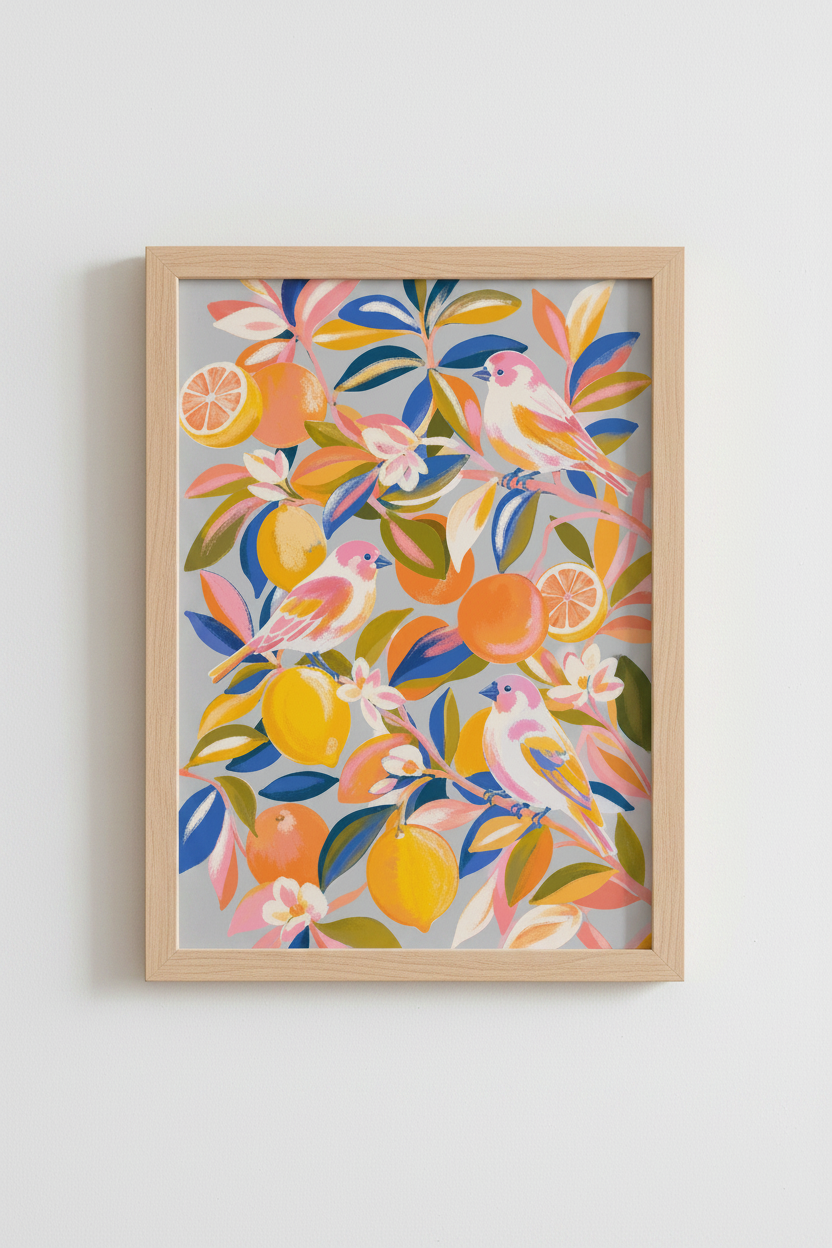 Boho wall art print | vibrant birds & citrus on gray, living room decor