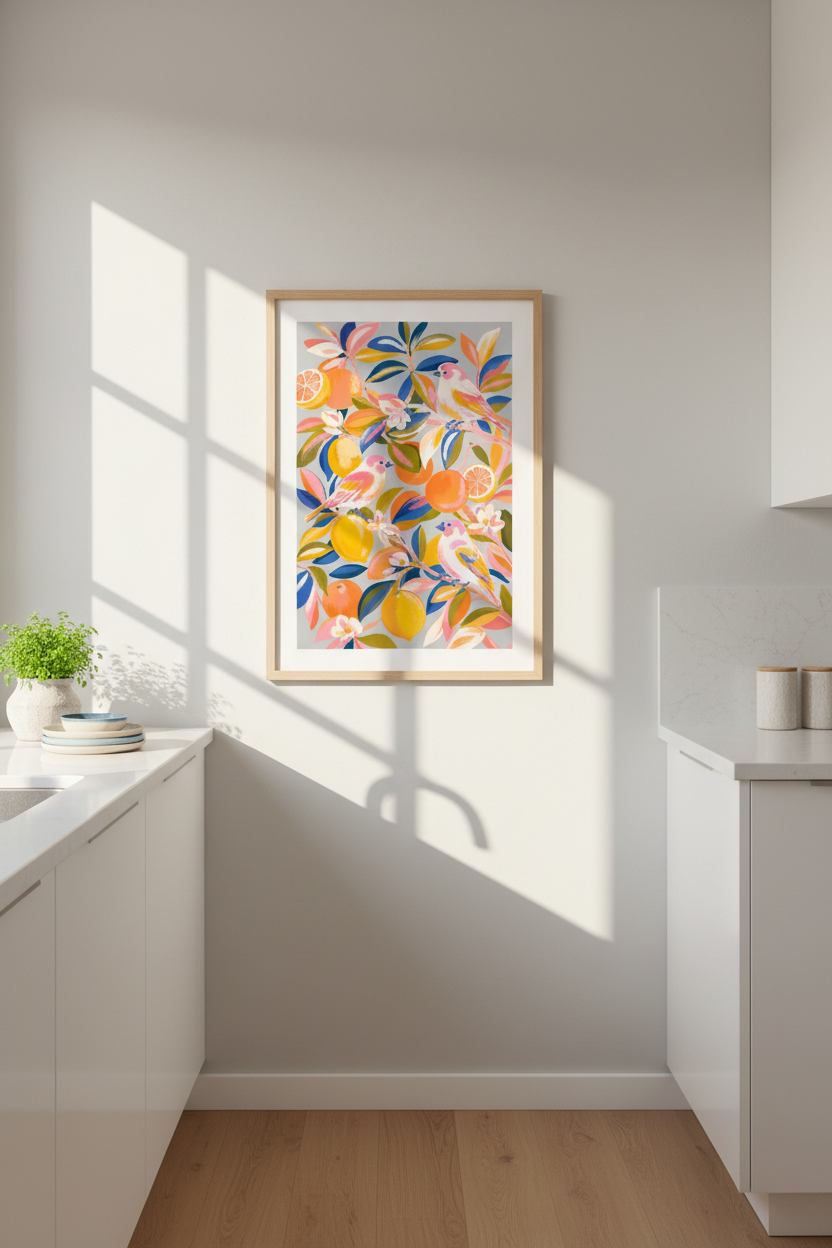 Boho wall art print | vibrant birds & citrus on gray, living room decor