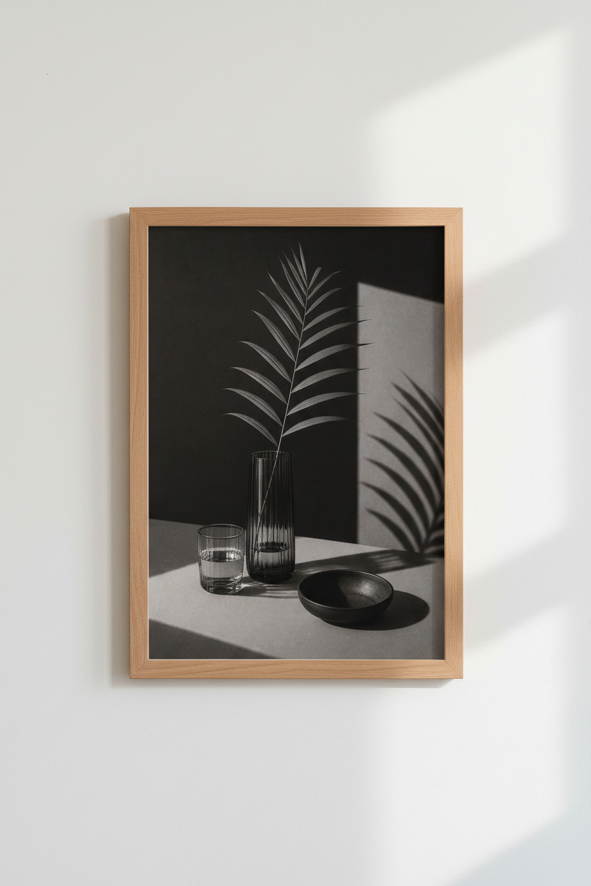 Palm Leaf Still Life Art | Minimalist Black and White, Modern Living Room Decor