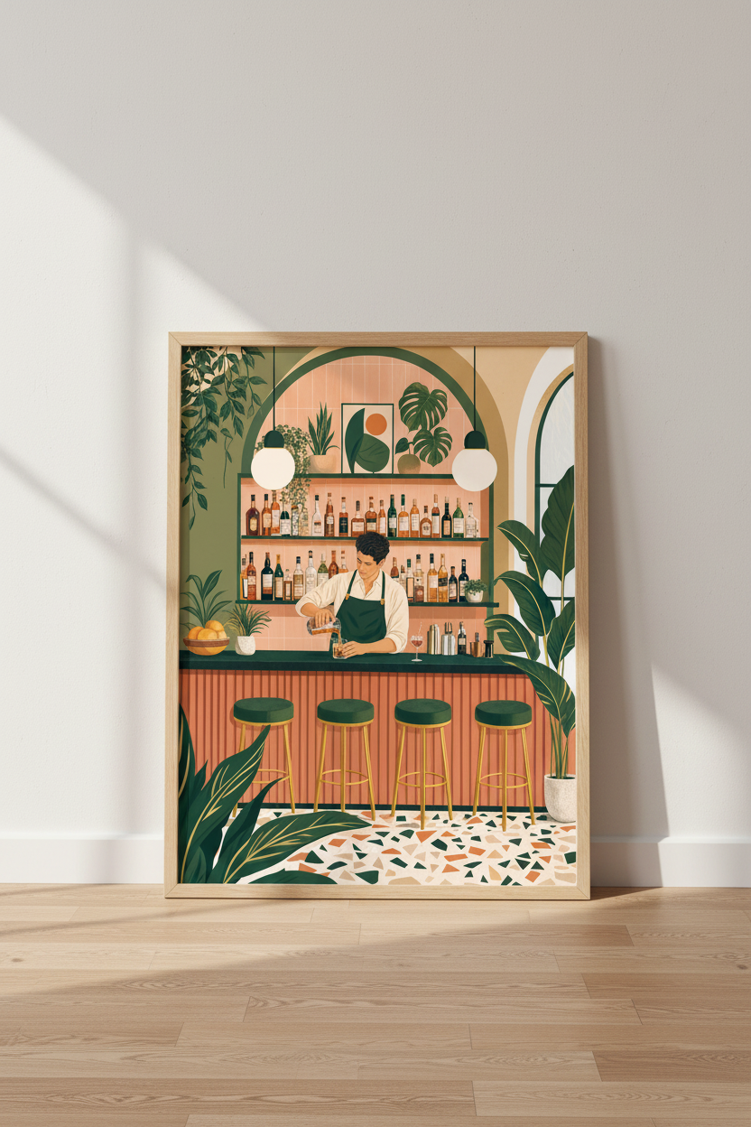 Bartender Cocktail Lounge Wall Art | Green & Peach Mid-Century Modern Poster, Bar Decor