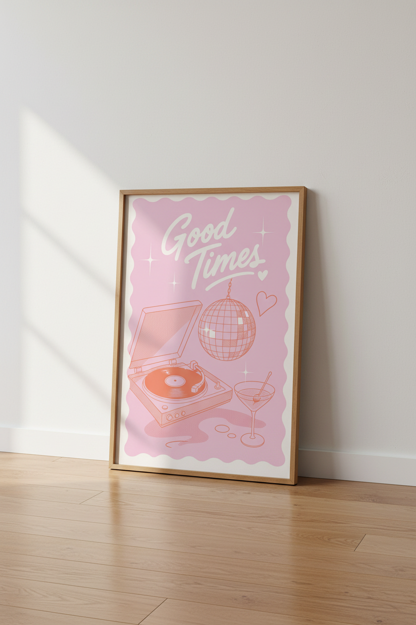 Retro Disco Ball Wall Art | Pink Good Times Poster, Bar Cart Decor