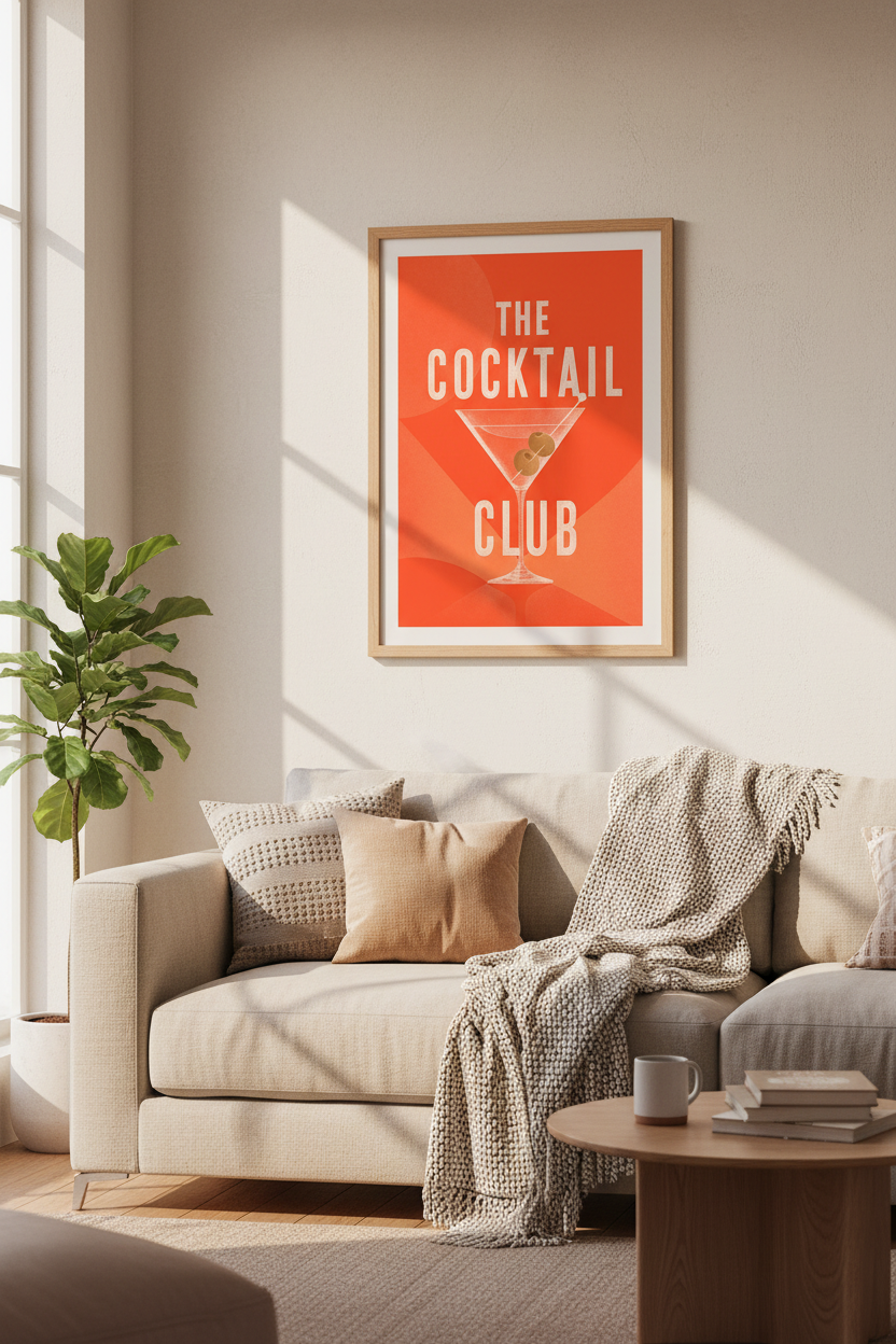 Retro Cocktail Poster | Martini Glass Bar Cart Art, Mid Century Modern Decor