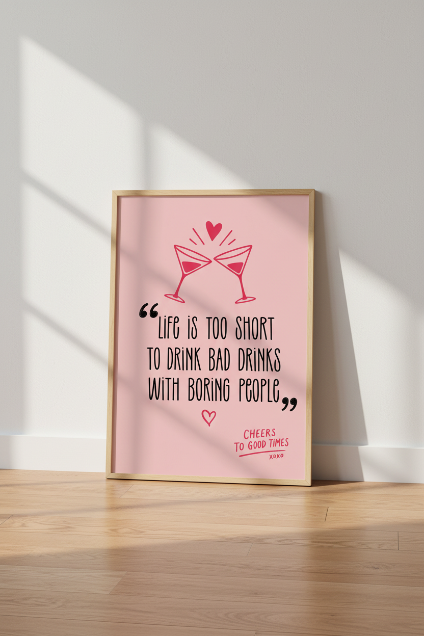 Pink Cocktail Bar Wall Art Print | Trendy Kitchen Decor | Preppy Quote Poster