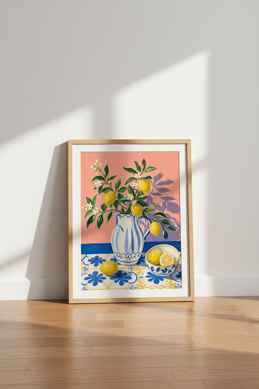Lemon Still Life | Mediterranean Blue & Pink, Kitchen Dining Wall Art Print