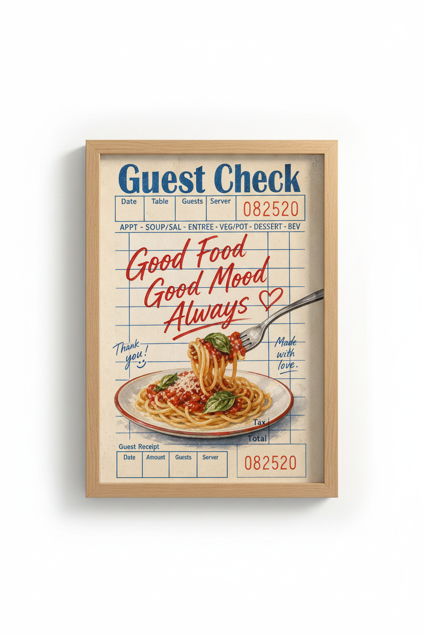 Retro Kitchen Wall Art Print | Italian Guest Check Spaghetti Poster | Dining Room Decor
