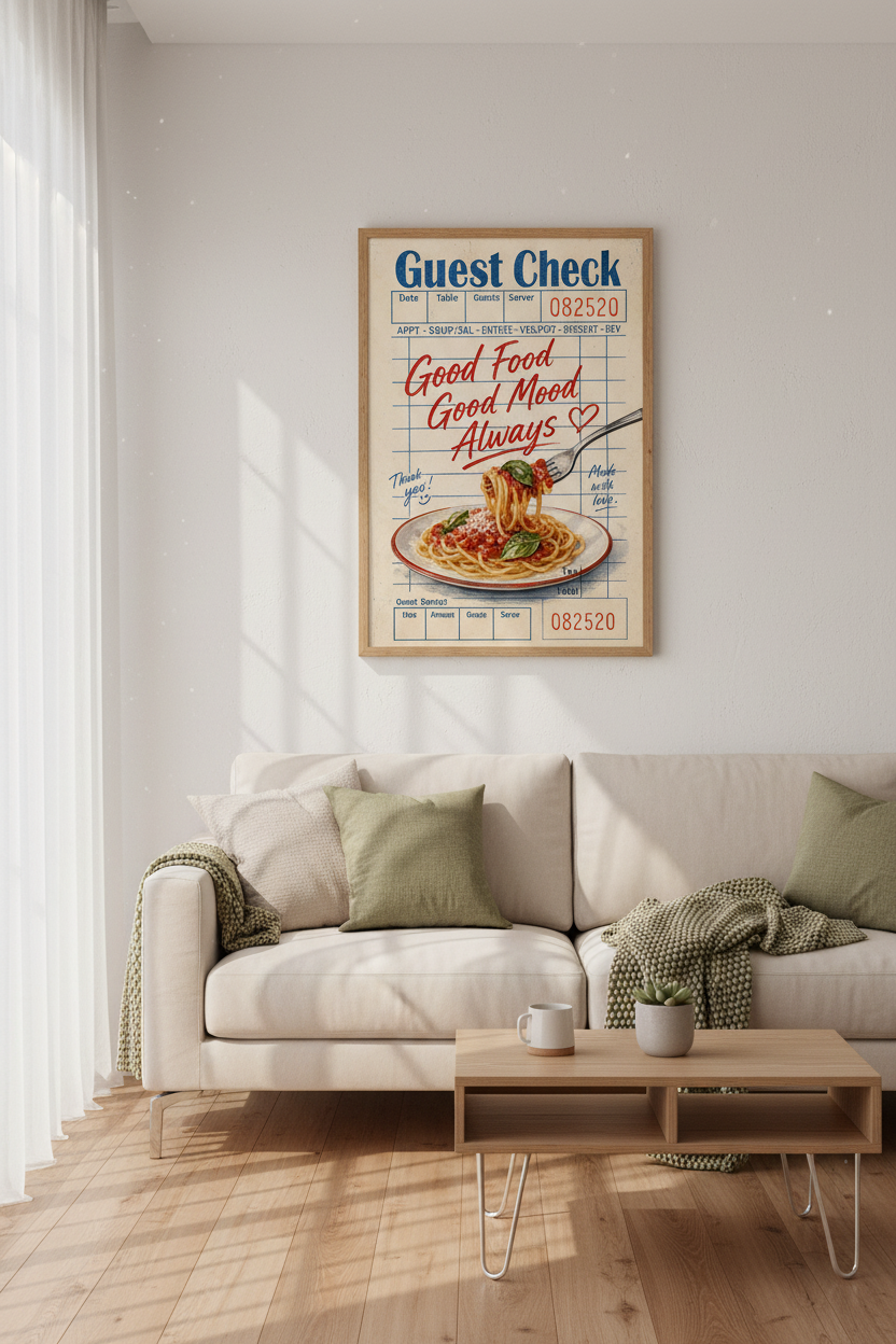 Retro Kitchen Wall Art Print | Italian Guest Check Spaghetti Poster | Dining Room Decor