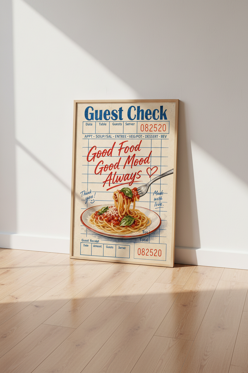 Retro Kitchen Wall Art Print | Italian Guest Check Spaghetti Poster | Dining Room Decor