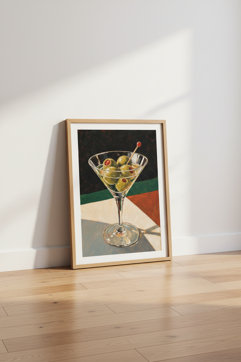 Martini Olive Art Print | Modern Cocktail Poster, Home Bar Decor Oil Painting