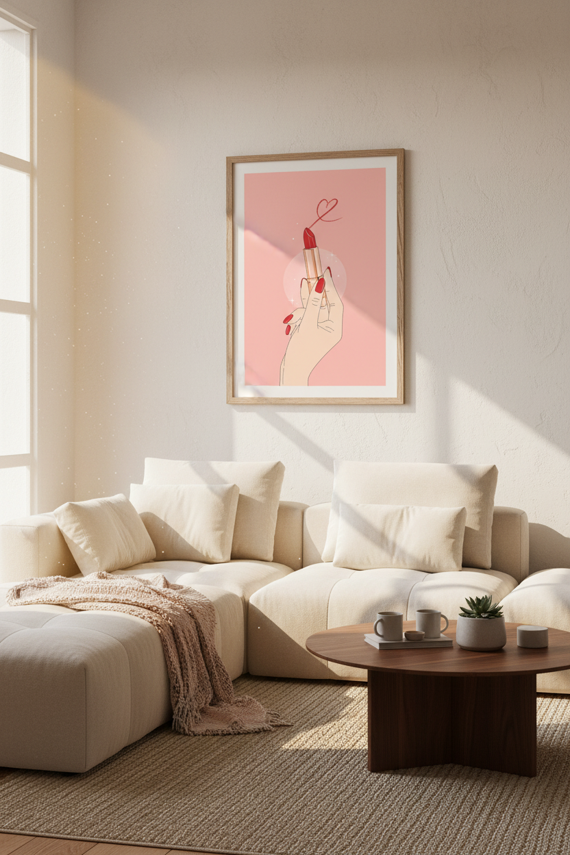 Red Lipstick Heart Wall Art | Glam Modern Makeup Print, Vanity Decor