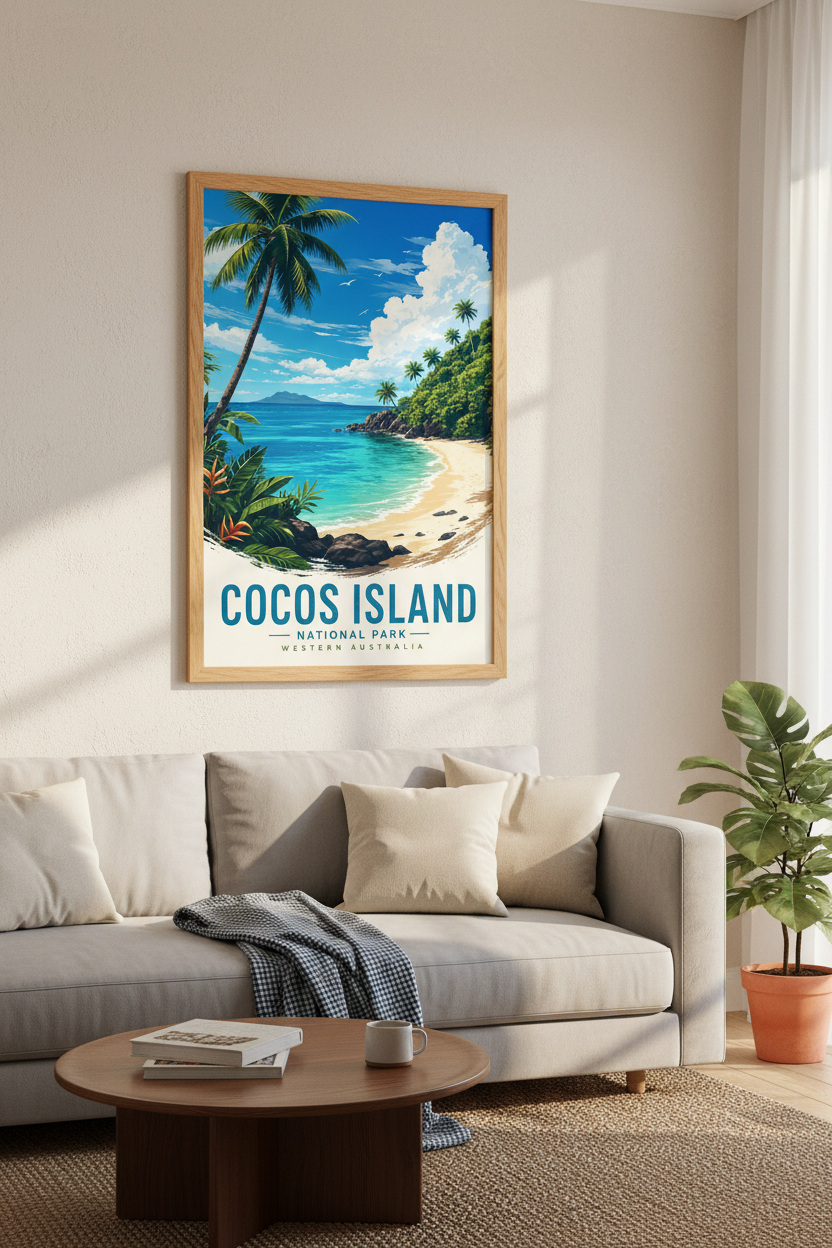 Cocos Island Australia Travel Poster | Tropical Beach Wall Art, Coastal Home Decor