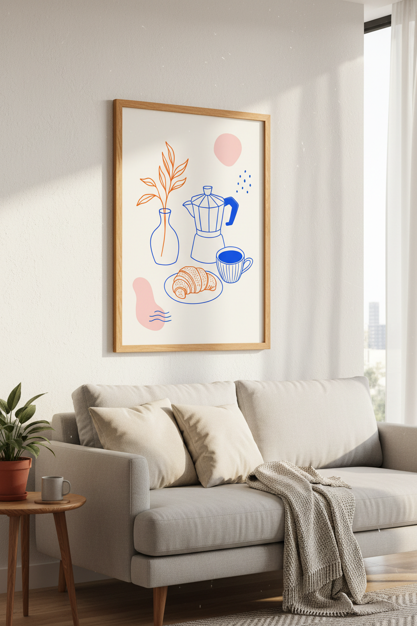 Moka Pot & Croissant Wall Art | Blue Orange Kitchen Decor | Modern Aesthetic Poster