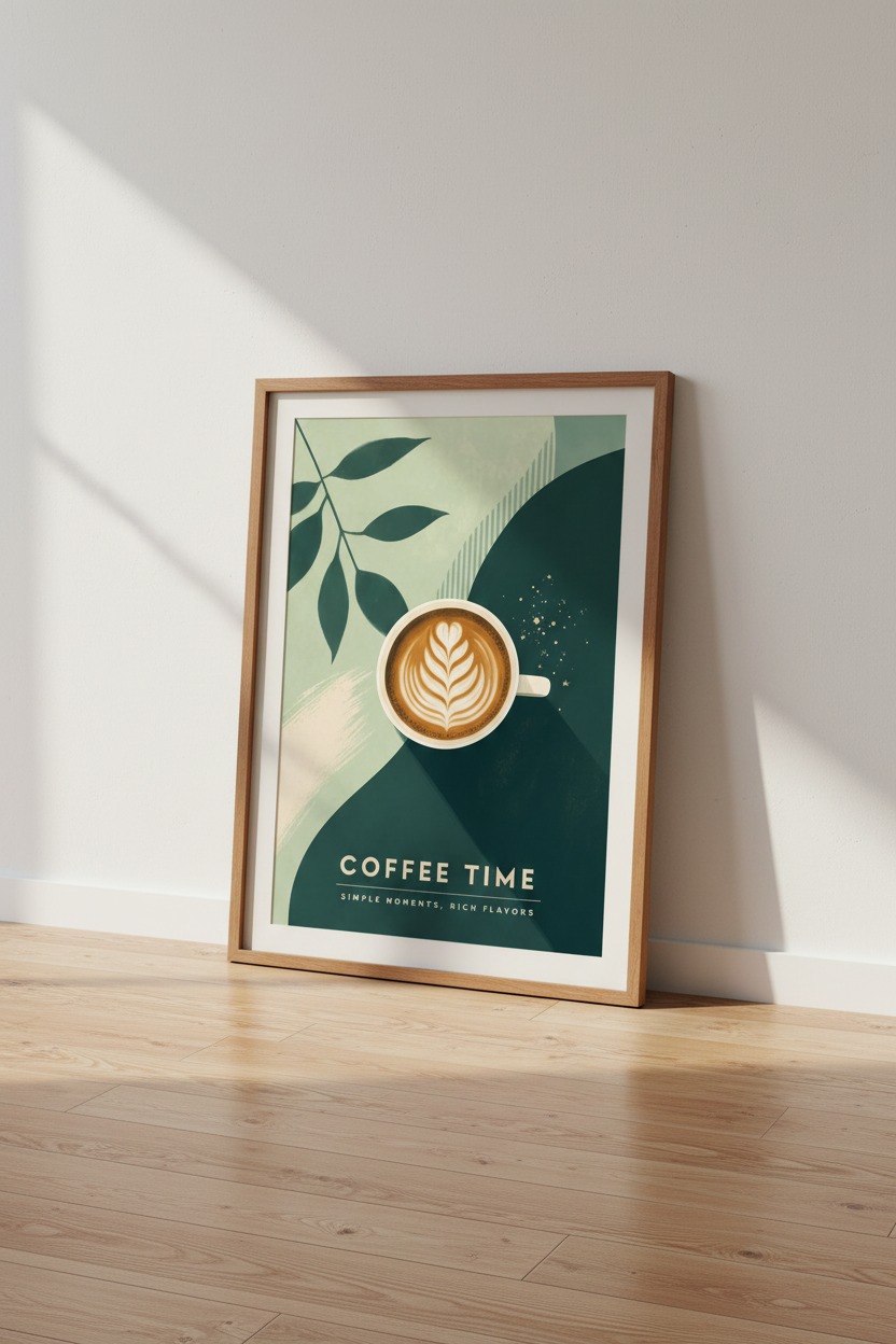Coffee Time Latte Art Print | Green Kitchen Decor | Minimalist Poster Art