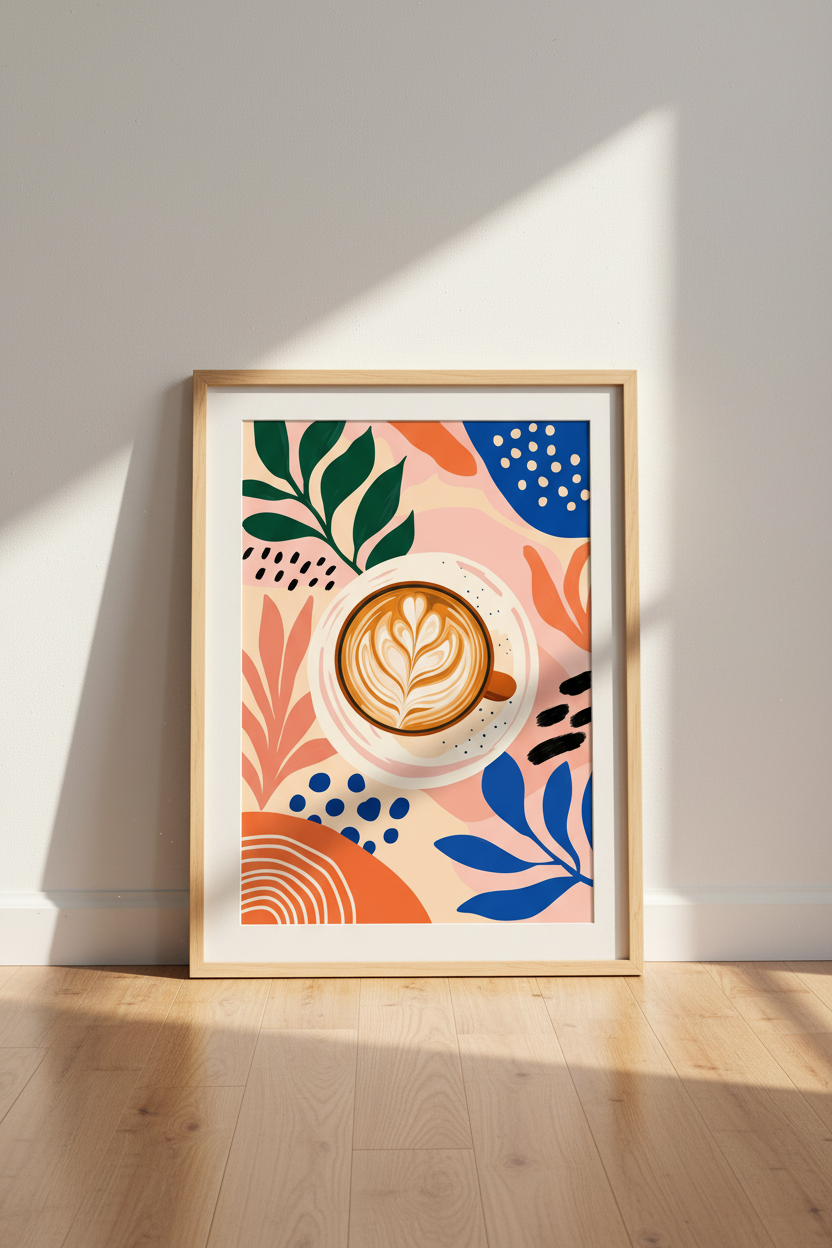 Abstract Coffee Latte Wall Art | Colorful Kitchen Decor | Modern Cafe Poster