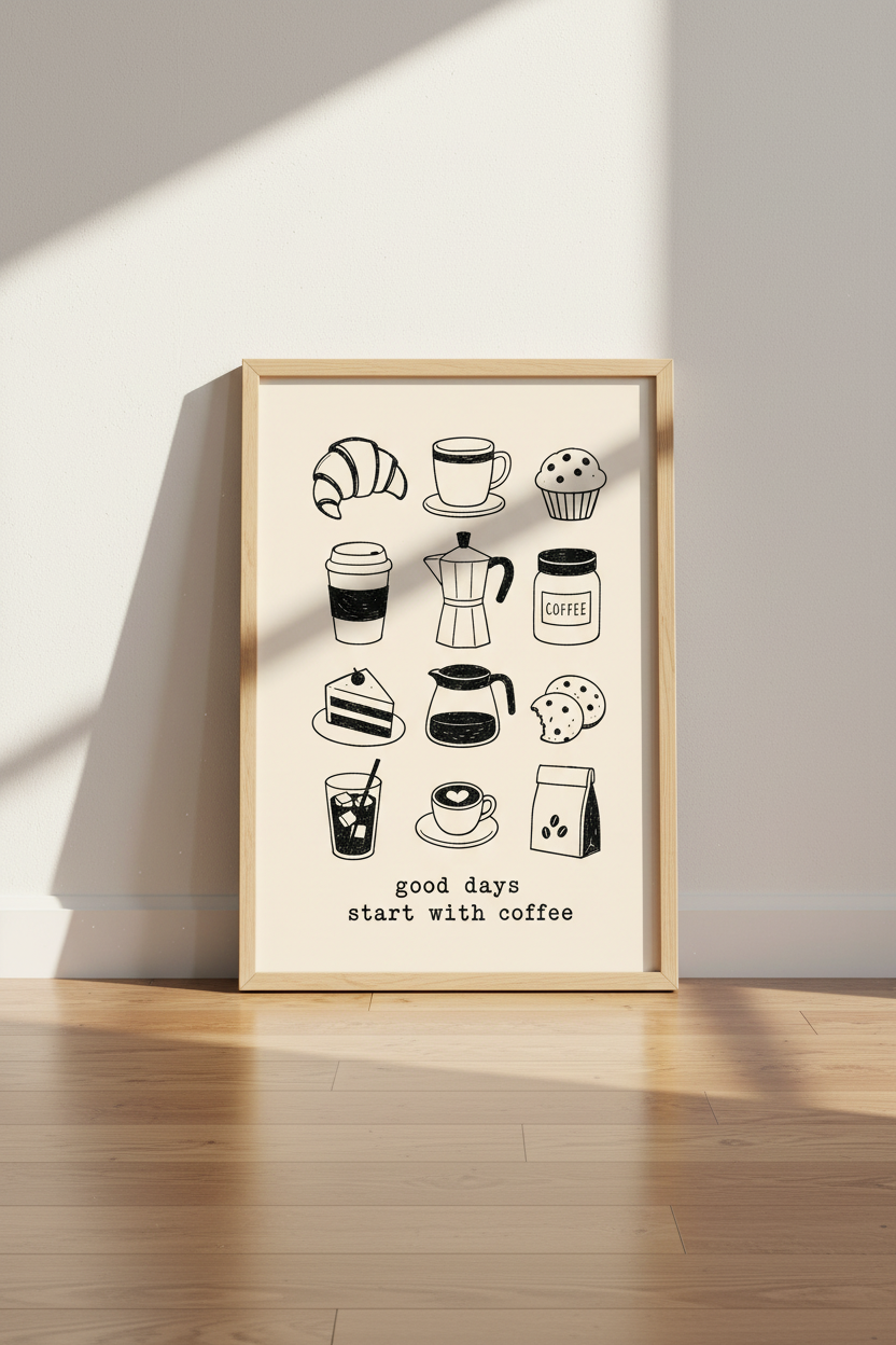 Coffee Bar Wall Art Print | Minimalist Kitchen Decor | Cafe Doodle Poster