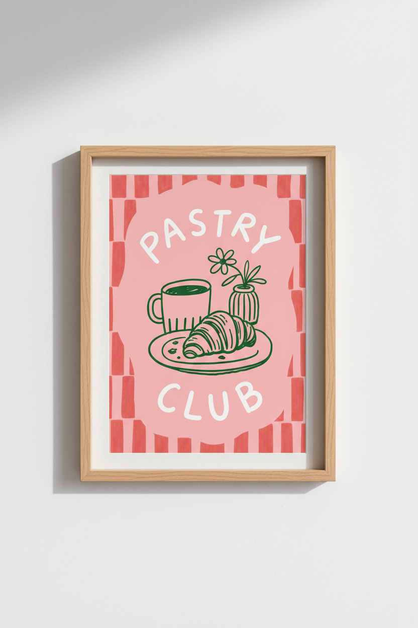 Pastry Club | Pink & Red Coffee Croissant Art Print, Kitchen Bakery Decor