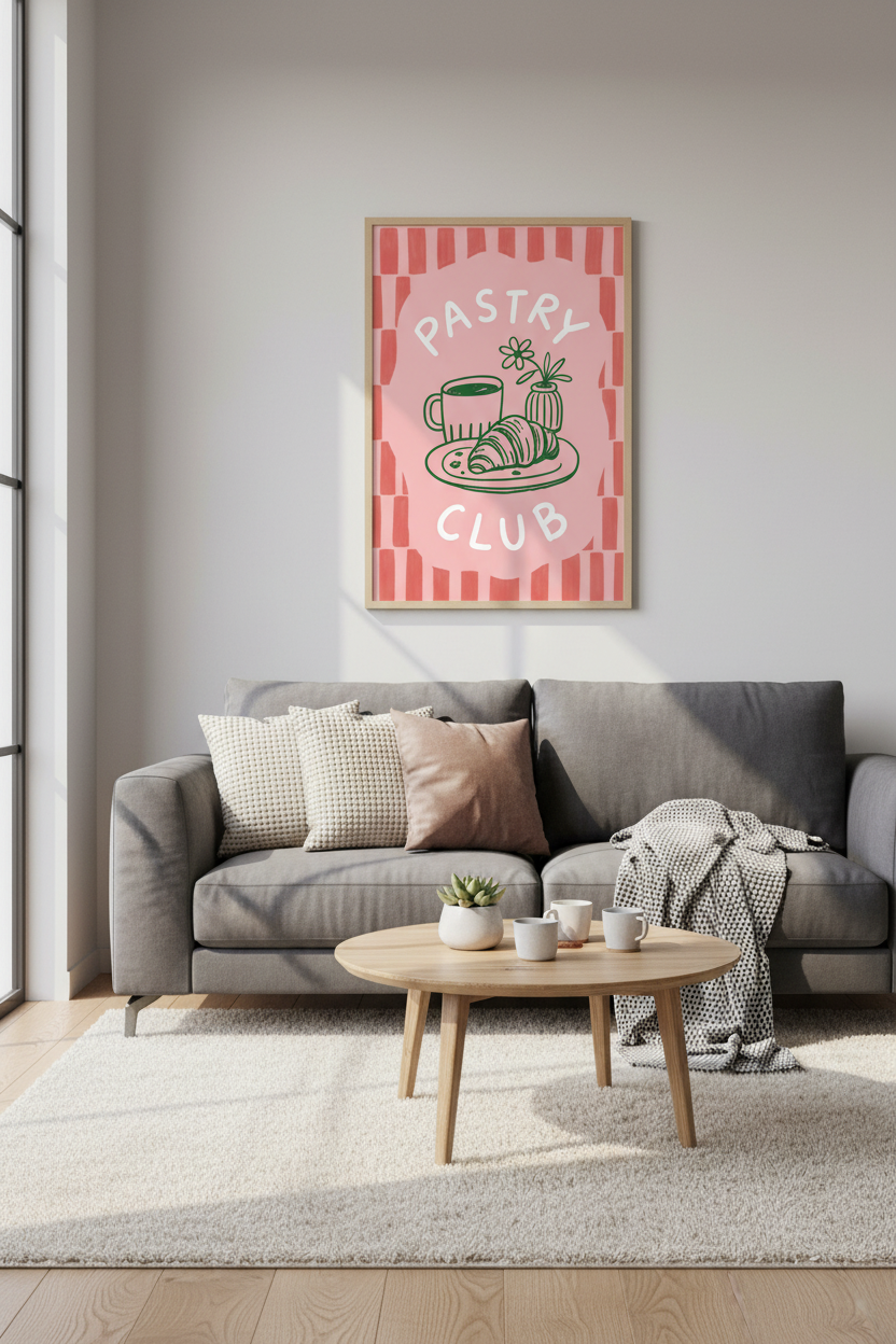 Pastry Club | Pink & Red Coffee Croissant Art Print, Kitchen Bakery Decor