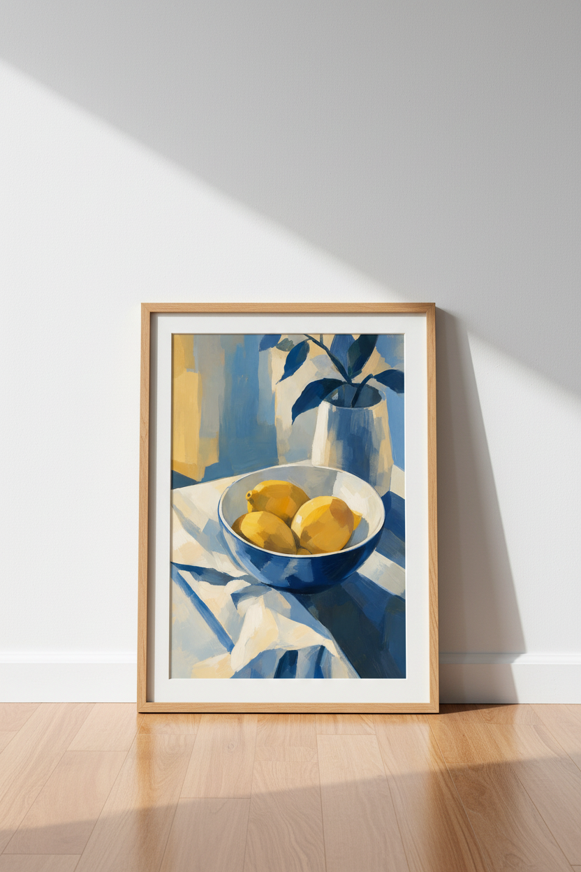 Blue Still Life Print | Abstract Indigo & Mustard Wall Art | Living Room Decor