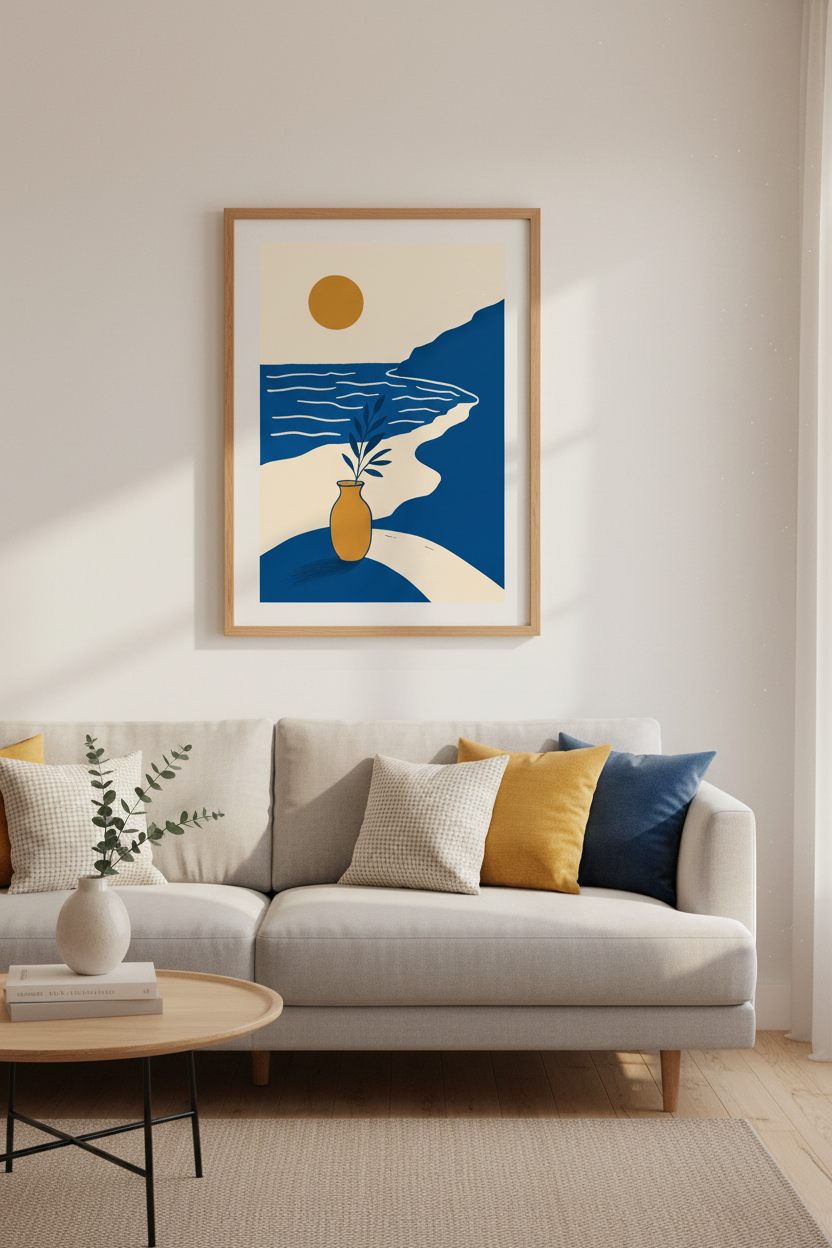 Abstract Coastal Landscape Wall Art Print | Minimalist Beach Poster | Blue & Gold Boho