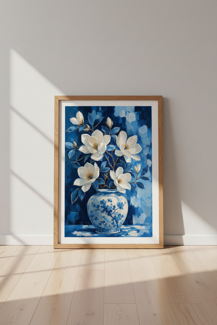 Blue Floral Oil Painting | Chinoiserie Magnolia Poster, Navy Blue Dining Room Decor