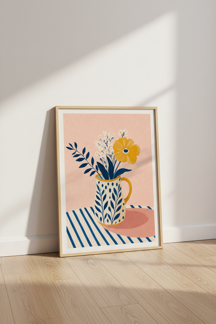 Floral Folk Art Still Life | Yellow & Blue Botanical Print, Bright Kitchen Decor