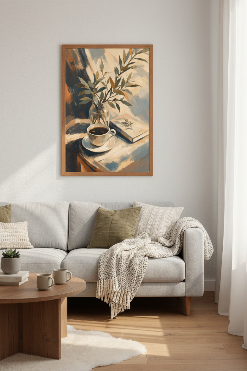 Coffee & Books Impressionist Wall Art | Cozy Morning Decor | Earthy Still Life Poster