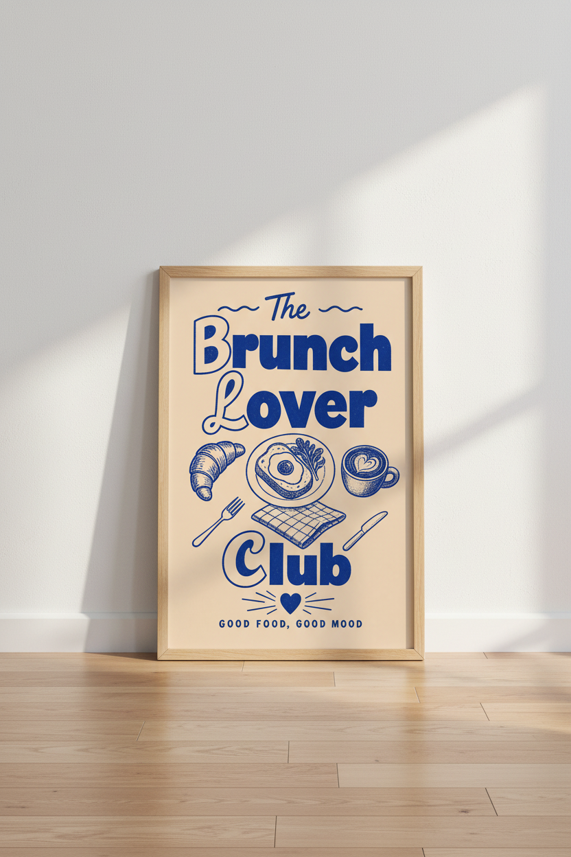 Retro Kitchen Wall Art | Blue Brunch Club Poster, Breakfast Food Print