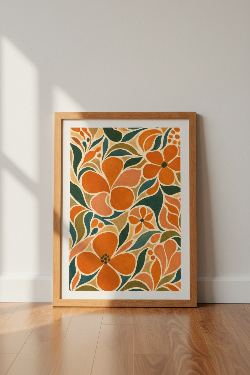 Retro Floral Abstract Wall Art | Burnt Orange & Sage Botanical Print, Boho Home Decor