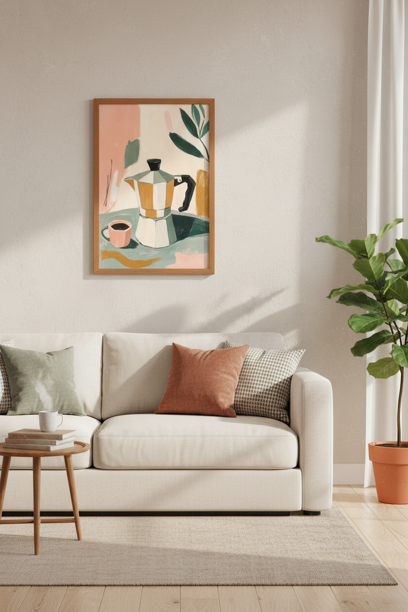 Moka Pot Coffee Wall Art | Sage & Blush Kitchen Decor | Abstract Poster