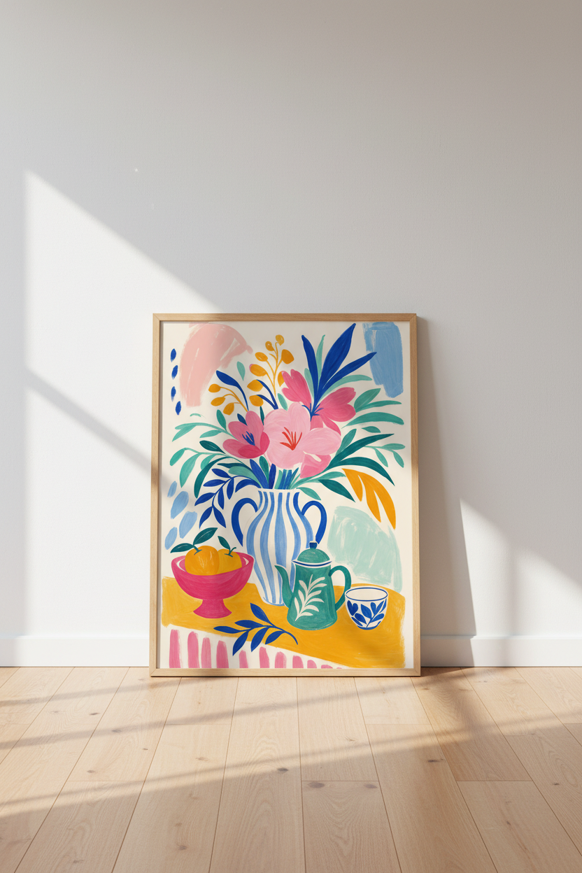 Modern Floral Still Life | Mediterranean Blue & Pink Art, Kitchen Decor